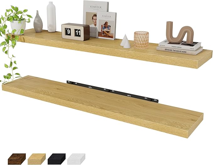 Fun Memories 55 Inch Floating Shelves for Wall 2 Pack Shelves for Bedroom|Kitchen|Bathroom 55 x 9.3 Inch Wood Floating Shelf with Invisible Brackets for Books|Storage|Decor, Oak-Ruum Studio Home