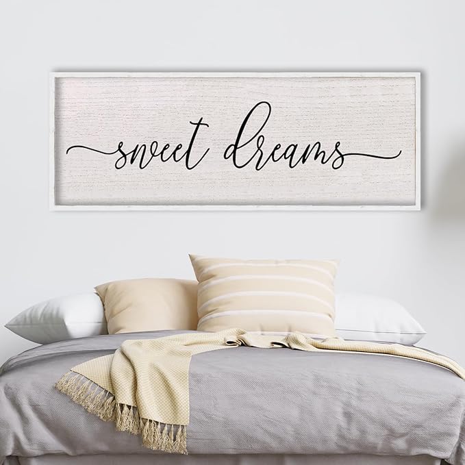 LuZhiQiang Sweet Dreams Wall Decor Sign 40"X15" Master Bedroom Over Bed Wall Wood Framed Art (White)-Ruum Studio Home