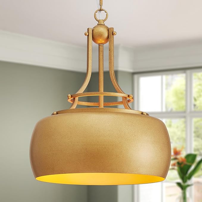 WUZUPS Chandelier Rustic Farmhouse Industrial Round Ceiling Pendant LED Light Fixture with Open Bottom Drum Shade, H 15.7" x W 13.4", Antique Gold-Ruum Studio Home
