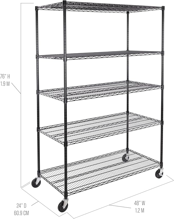 Seville Classics UltraDurable Heavy Duty NSF Solid Steel Wire Rack Storage Unit, Organizer for Garage, Warehouse, Office, Restaurant, Classroom, Kitchen, Black, 5-Tier Shelving, 48" W x 24" D-Ruum Studio Home