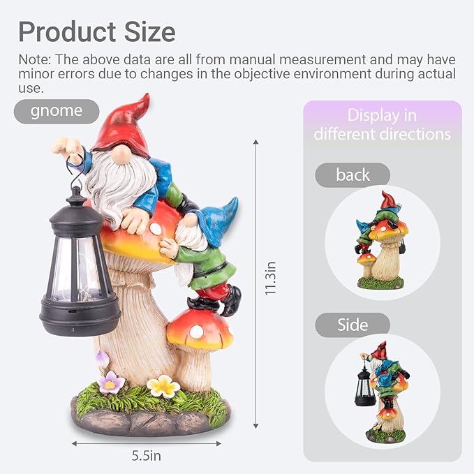TIJNN Solar Garden Statue Gnomes Figurine Lights,Funny Gnomes Standing on Mushrooms with Lanterns, with Lanterns Outdoor Yard Decorations for Patio Porch Home, Garden Gifts for Women Mom-Ruum Studio Home