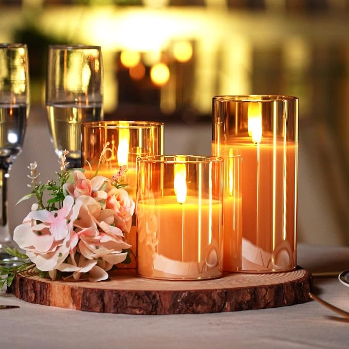Homemory Amber Glass Flameless Candles, Battery Operated LED Pillar Candles with Remote Control and Timer, Radiance Candles, Real Wax, Set of 3,D3 xH4 5" 6"-Ruum Studio Home