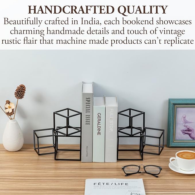 MyGift Modern Matte Black Metal Geometric Bookends in 3 Cube Frame Design, Decorative Book Stands for Home Library Bookshelf Office Desk, 1 Pair, Handcrafted in India-Ruum Studio Home