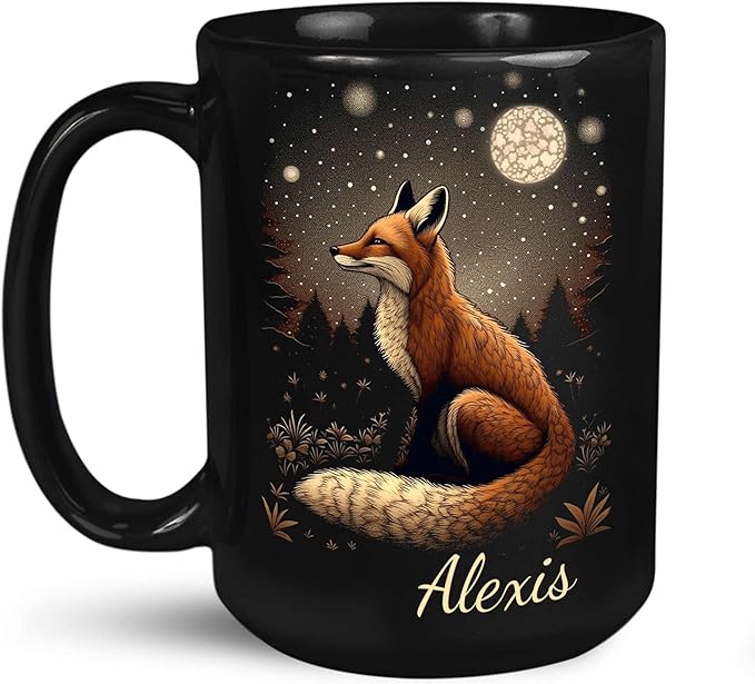 Animal Lover Mug with Custom Name, Nature Inspired Coffee Mug 11oz or 15oz, Personalized Cute Fox Ceramic Cup, Unique Animal Art Black Coffee Cup, Gifts for Friends, Family-Ruum Studio Home