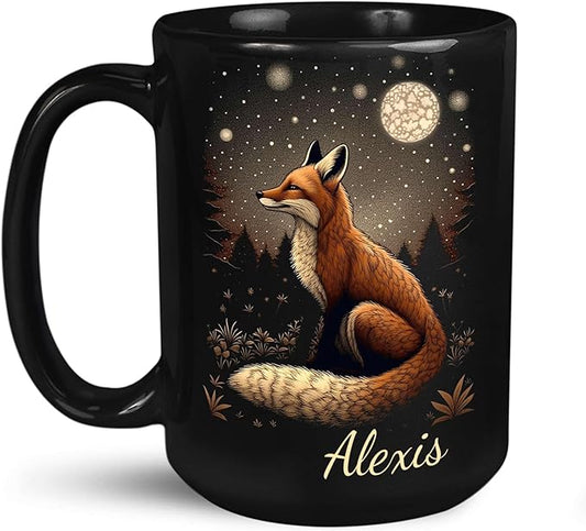 Animal Lover Mug with Custom Name, Nature Inspired Coffee Mug 11oz or 15oz, Personalized Cute Fox Ceramic Cup, Unique Animal Art Black Coffee Cup, Gifts for Friends, Family-Ruum Studio Home