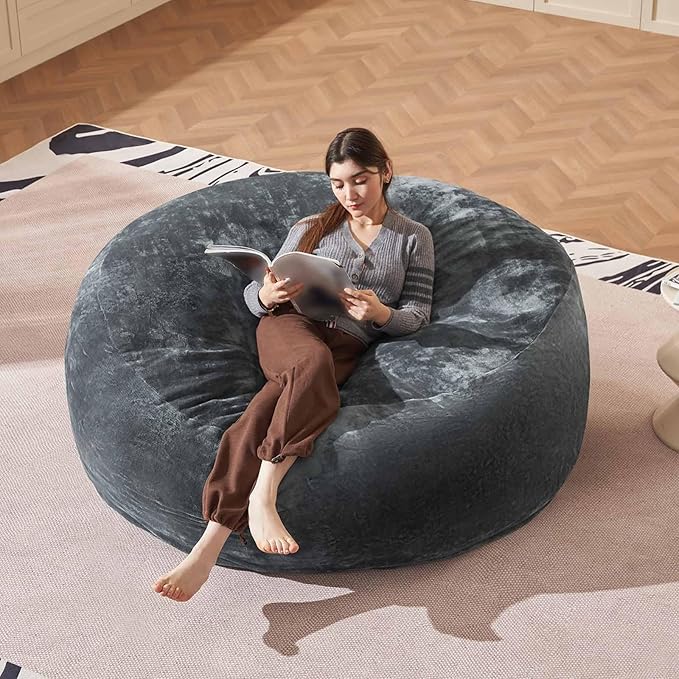 Bean Bag Chair 6Ft, Memory Foam Filled, Large Beanbag Chairs for Adults and Teens, Soft Sofa with Removable Flannel Cover, Round Couch for Living Room Bedroom College Dorm (Dark Gray, 6FT-67×67"×24")-Ruum Studio Home