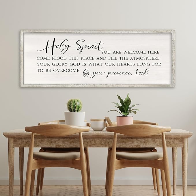 Holy Spirit You are Welcome Here Wall Decor Art 40x15 Inch Large Christian Song Bible Verse Plaque Wood Framed Sign Living Room Scripture Quote Religious For Office Wall Hanging (White)-Ruum Studio Home