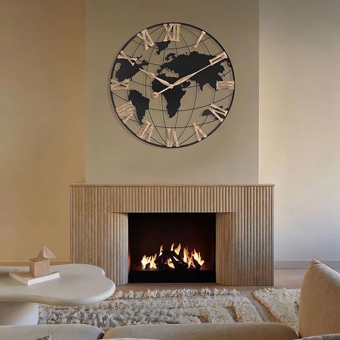 30 Inch Extra Giant Large Wall Clock Oversized,Black Big Metal Modern Decorative Silent World Map Wall Clock with Vintage Gold Roman Numeral for Office,Living Room,Kitchen,Dining Room Decor-Ruum Studio Home