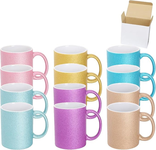 11oz White Ceramic Sublimation Coffee Mug in White Gift Box, 6 Sparkling Mixed Colors, Case of 12-Ruum Studio Home