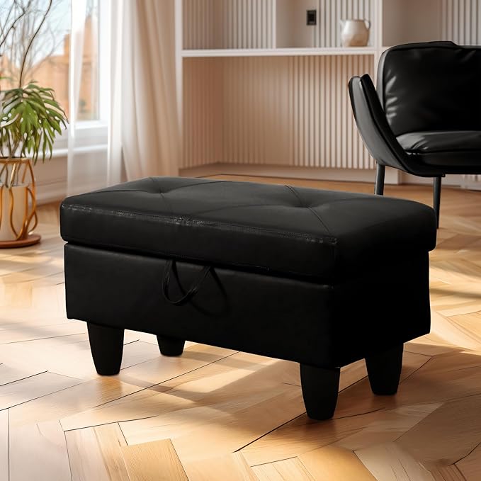 Ottoman Rectangular Storage Ottoman Bench, Faux Leather Footrest, Coffee Table, Stool Footstool with Hinged Lid for Living Room, Bedroom, Entryway, Black, 28.5"x19"x17.5"-Ruum Studio Home
