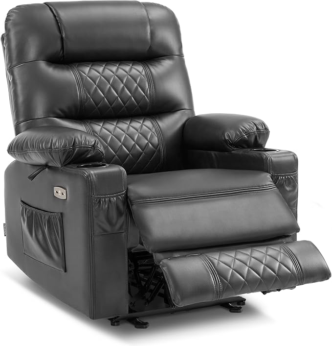 MCombo Zero Gravity Power Recliner Chair with Heat and Vibration Massage, Reclining Chair with USB Ports, Cup Holders for Living Room, Faux Leather PR621 (Grey)-Ruum Studio Home