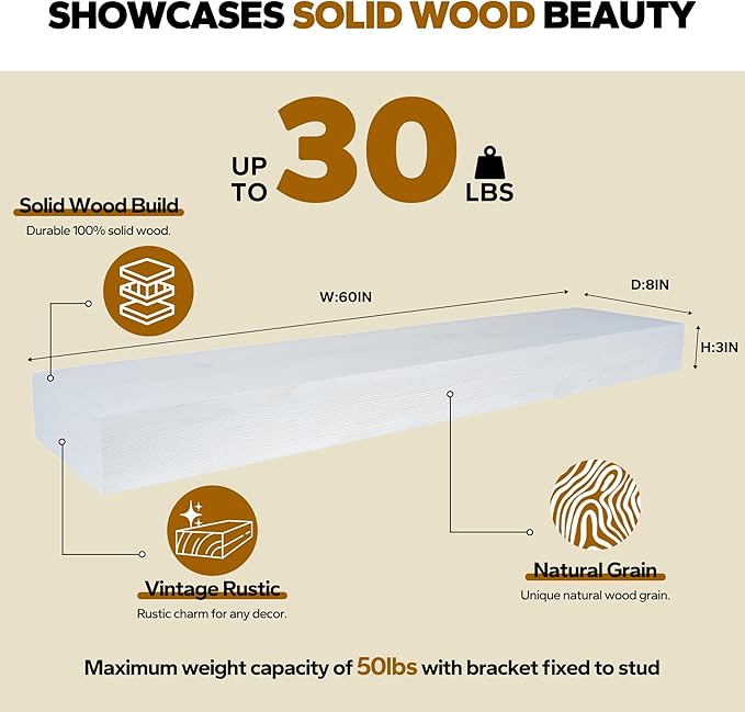 Floating Shelves 3 inch Thick for Wall Set of 2,Solid Pine Wood Wall Mount Shelf for Kitchen Living Room Bedroom Bathroom,8" D x 60" L x 3" H-White-Ruum Studio Home