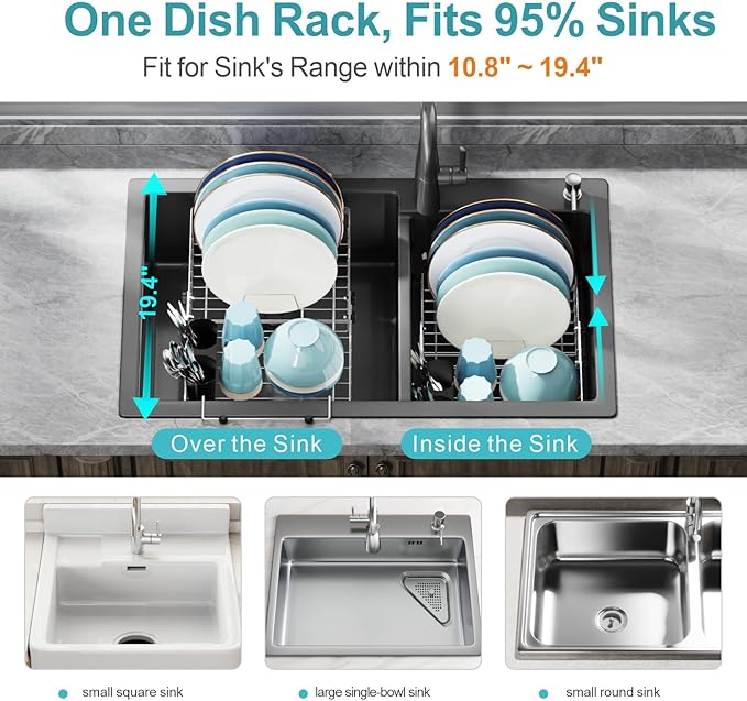 GSlife Expandable Dish Drying Rack - Stainless Steel Capacity Adjustable Over The Sink Rack (10.8''-17.9'') with Sink Mat, Dish Drainer for Kitchen Sink Counter with Utensil Holder, Silver-Ruum Studio Home