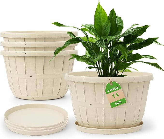 Quarut 14 Inch Plastic-Flower-Pot-for-Indoor-Plants, 4 Pack Large Outdoor Planter Pot with Drainage Holes & Saucers, Resin Decorative Garden Pots Planters（White）-Ruum Studio Home