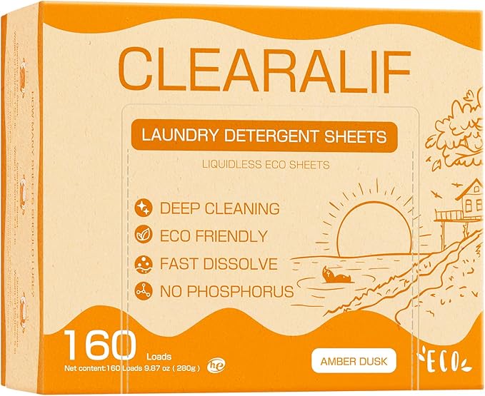 Laundry Detergent Sheets Up to 160 Loads, Amber Dusk - Great For Travel,Apartments, Dorms,CLEARALIF Laundry Detergent Strips Eco Friendly & Hypoallergenic - 80 Sheets-Ruum Studio Home