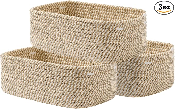 Small Woven Basket, 12 x 8 x 4.5 Inches, Storage Basket for Organizing, Cute Small Rope Shelf Closet Cube Storage Bins Baskets for Shelves, Dog Toy Gift Baskets Empty, 3 Pack Brown-Ruum Studio Home