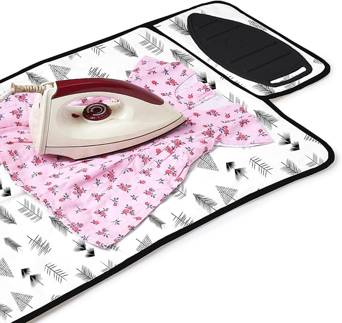 Encasa Homes Ironing Mat/Pad (Small 28"x20") with 3mm Padding & Silicone Iron Rest for Steam Pressing on Tabletop or Bed - Heat Resistant, Portable, Quilting & Travel Blanket - Black Arrow-Ruum Studio Home