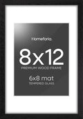 Homeforia 8x12 Black Picture Frame, High End Oak 8 x 12 Wood Frames with Mat 6 by 8 Print, 8by12 Wooden Frame Matted to 6x8 inch Photo, 12x8 Wall or Tabletop Frames, Tempered Glass, Wall Kit, Set of 1-Ruum Studio Home