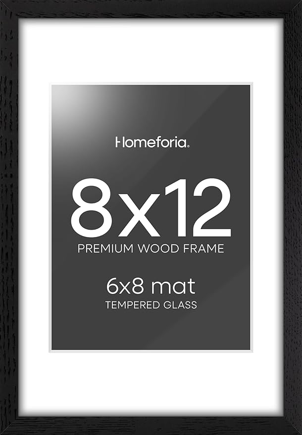 Homeforia 8x12 Black Picture Frame, High End Oak 8 x 12 Wood Frames with Mat 6 by 8 Print, 8by12 Wooden Frame Matted to 6x8 inch Photo, 12x8 Wall or Tabletop Frames, Tempered Glass, Wall Kit, Set of 1-Ruum Studio Home