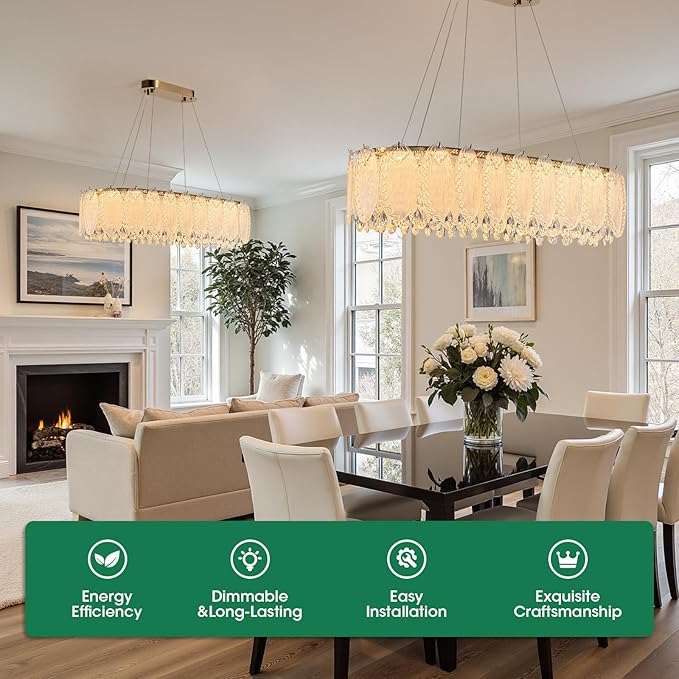 Gold Rectangle Modern Chandeliers for Dining Room Light Fixture, Water Ripple Crystal Glass LED Chandelier for Kitchen Island Bar Living Room, 2700K-6000K-Ruum Studio Home