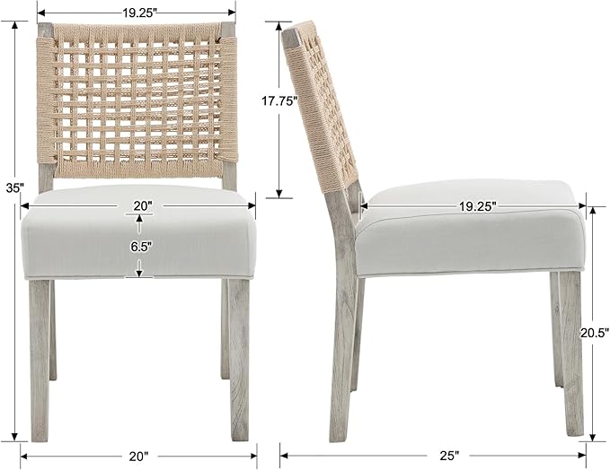 Kmax Farmhouse Dining Chairs Set of 2, Rustic Kitchen Chairs with Linen Fabric Seat and Woven Back, Vintage Accent Chairs for Dining Room, Living Room, Ivory-Ruum Studio Home