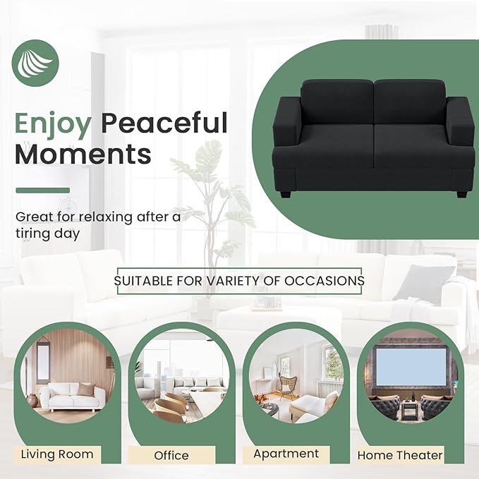 63” Corduroy Loveseat Sofa Couch for Living Room, Small Couch with Deep Seat for Bedroom, Comfy Could Loveseat for Small Living Room, Black Corduroy-Ruum Studio Home