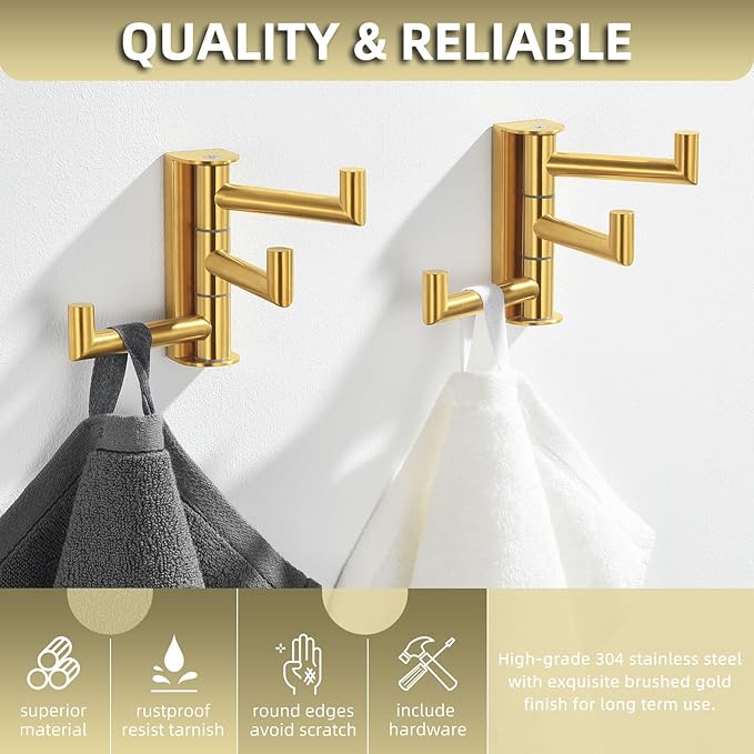 Angle Simple Towel Hooks Swivel, SUS 304 Stainless Steel 3 Arms Foldable Hand Towel Holder, Coat Hooks, Brushed Gold, 2 Pack-Ruum Studio Home