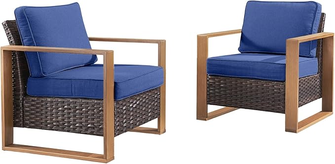 Wicker Outdoor Patio Chairs Set of 2, Rattan Patio Furniture Chairs with Sturdy Frame,All-Weather PE Wicker,Wide Armrest,Deep Seating and Thick Cushions for Deck Porch Garden(Brown/Blue)-Ruum Studio Home