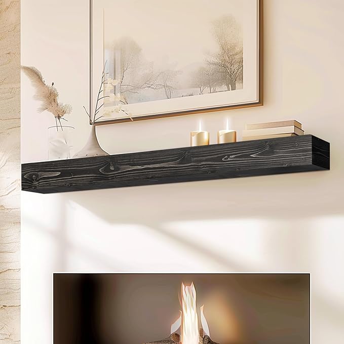 56x8x5 Fireplace Mantel - Handcrafted Hollow Rustic Solid Wood Wall Mounted Floating Shelf with Invisible Heavy Duty Wood Bracket (Weathered Black)-Ruum Studio Home