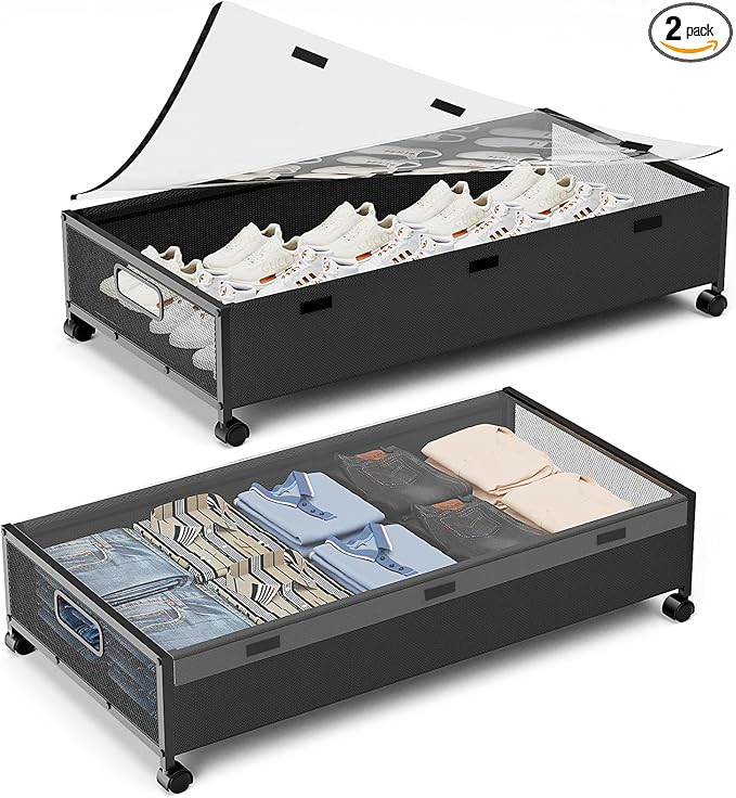Under Bed Storage Containers with Wheels, 2 Pack Underbed Shoe Storage Organizer with Removable Lids, Large Rolling Under Bed Storage Dresser Drawers for Clothes Toys Shoes Blankets-Ruum Studio Home