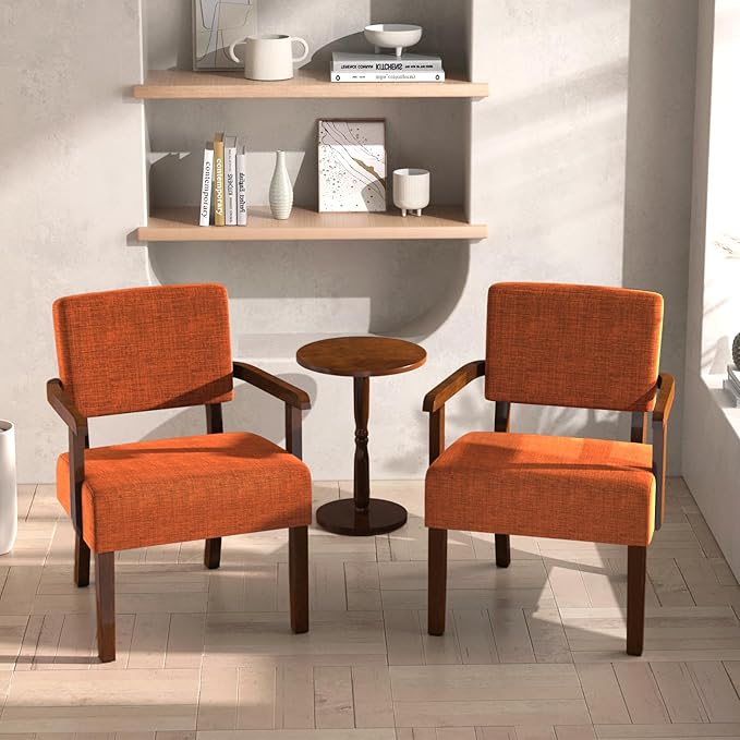 Accent Chair Set of 2 with Table, Living Room Chairs with Soft Seat and Armrests for Living Room Bedroom Reading Room Waiting Room (Orange), Linen, AC01-Ruum Studio Home