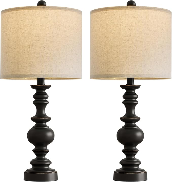 BOBOMOMO 24" Traditional Farmhouse Table Lamp Set of 2, Vintage Resin Lamps for Living Room Bedroom, Rustic Nightstand Lamp with Linen Shades, Retro Black Table Lamps for Living Room, Bedroom, Office-Ruum Studio Home