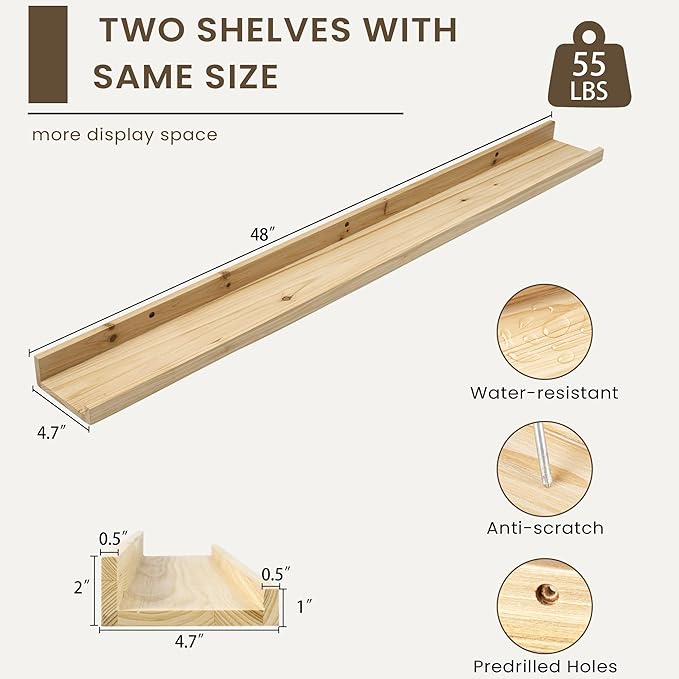 Floating Shelves for Wall, Picture Ledge Shelf 48 Inch Solid Wood Set of 2, Rustic Wall Shelves with Lip, Kids Bookshelf, Photo & Picture Live Edge Floating Shelves for Bedroom, Living Room, Kitchen-Ruum Studio Home