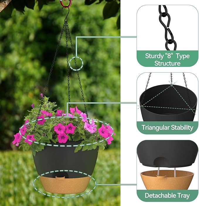 ZMTECH 12 Inch Hanging Planters for Indoor Outdoor Plants, 1 Pack Self Watering Hanging Plant Pots with Drainage Holes and Removable Saucer, Plastic Flower Hanging Pots with Watering Lip (Black)-Ruum Studio Home