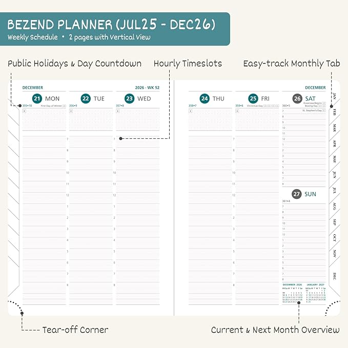 BEZEND Planner 2025-2026 Weekly and Monthly, 8.5" x 11" Academic Calendar (Jul 25-Dec 26) Vertical Daily Appointment with Hourly Timeslot & Monthly Tab, PU Leather Hardcover - Cornflower-Ruum Studio Home