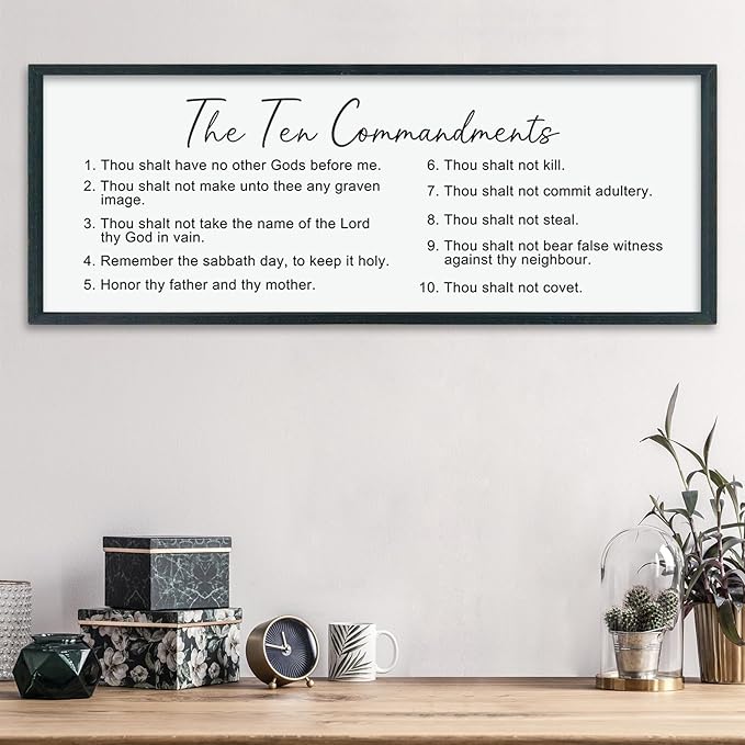 LuZhiQiang The Ten Bible Verse Wall Decor 40"×15" God Jesus Prayer for Christian Saying Catholic Scripture Sign Large Wood Framed Wall Hanging Art (Black)-Ruum Studio Home