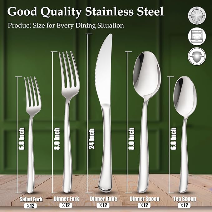 Aisoso 60-Piece High-End Silverware Set with Forks Spoons and Knives, Stainless Steel Serving Utensils for 12 with Mirror Finished Handle, Durability and Dishwasher Safe for Restaurant, Weddings-Ruum Studio Home