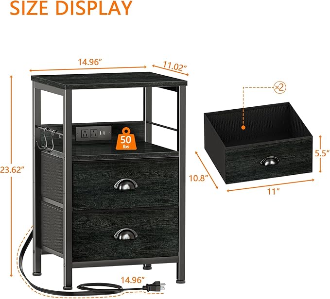 Furologee Nightstand Set of 2, Black Oak, with Charging Station and USB Ports, Side Tables with 2 Fabric Drawers, Bedside Tables with Storage Shelf & Hooks, for Living Room/Bedroom-Ruum Studio Home