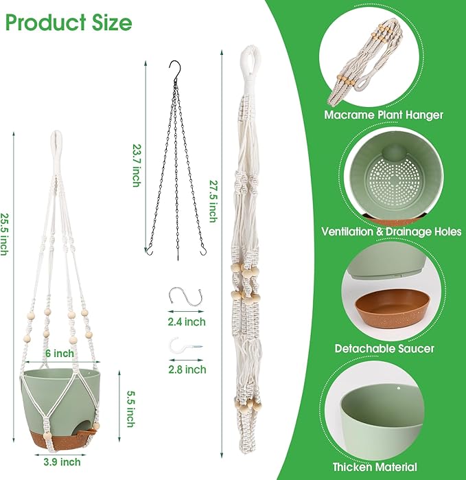 Hanging Planters for Indoor Outdoor Plants, 2 Pack Self Watering Hanging Pots, Hanging Plant Baskets with Drainage Holes & 2 Types of Plant Hangers (Green, 6'')-Ruum Studio Home