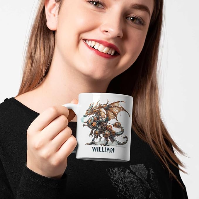 Personalized Name Dragon Lover Ceramic Mug 15oz, Custom Mechanical Dragon Design Coffee Cup, Unique Dragon Mug Gift For Fantasy Enthusiasts, Customized Kid Cup On Birthday, Holiday-Ruum Studio Home