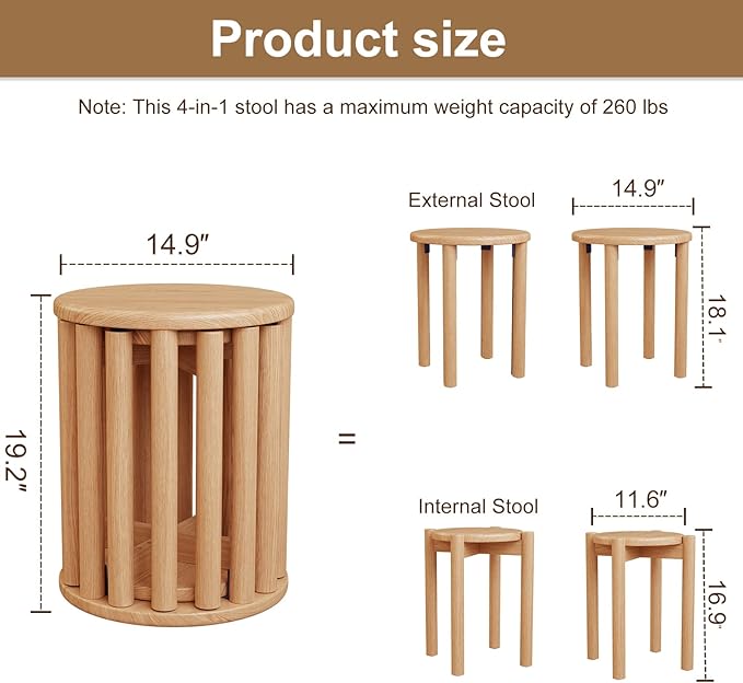 Stackable Stools Set of 4,4-in-1 Wood Stool,Round Wooden Stools with Anti-Slip Foot Pads for Kitchen,Bedroom,Living Room,Bar,No Assembly Required Durable and Space-Saving Design,18 inch (Natural)-Ruum Studio Home