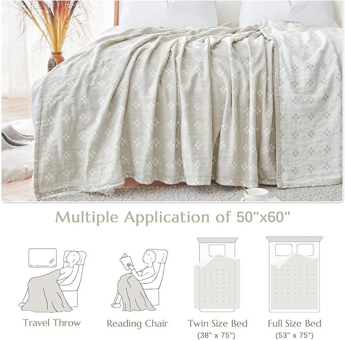 jinchan Boho 100% Cotton Blanket Muslin 50x60 Inches Lightweight 3-Layer Geometric Cross Pattern Reversible Quilt Throw Soft Breathable Comfy All Seasons for Couch Bed Decor, Light Grey-Ruum Studio Home