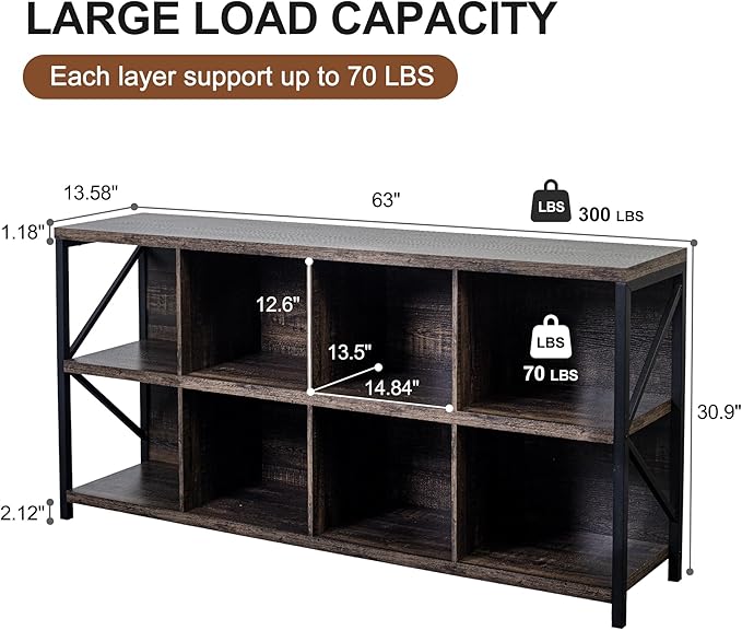 8 Cube Storage Organizer Bookshelf, Industrial Horizontal Bookcase, Accent Cubby Shelf, Media Console Table for Living Room, Home Office, 63 Inches, Dark Grey Oak-Ruum Studio Home