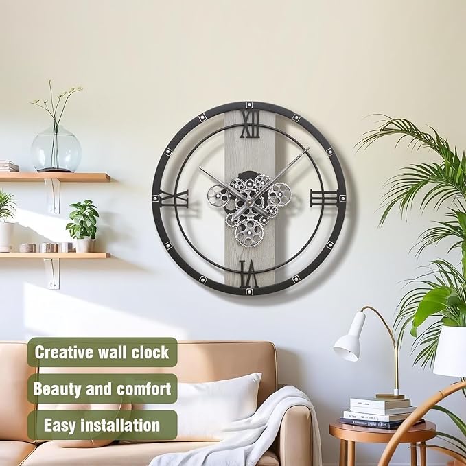 Micasso 24 inch Large Real Moving Gears Wall Clock: Black Industrial Steampunk Roman Numeral Clock - Modern Wall Decor for Living Room/Entryway/Office-Ruum Studio Home