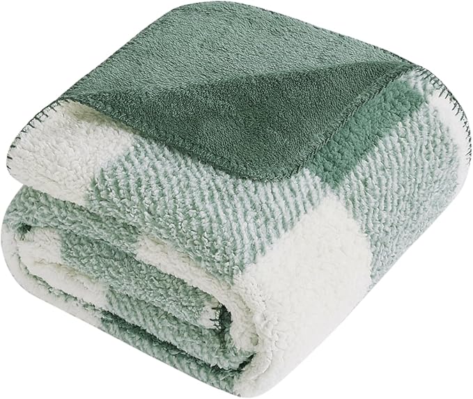 LURKA Checkered Sherpa Fleece Twin-Size Bed Blanket - Extra Thick and Warm Winter Soft Fuzzy Plush Blanket for Couches, Beds & Pets, Sage, 60x80 Inches-Ruum Studio Home