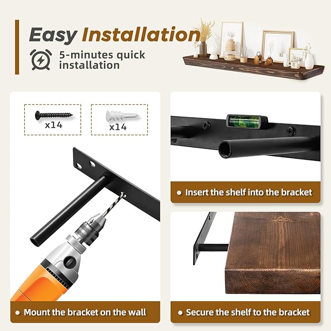 36"x6.8"x1.6" Slanted Floating Wall Shelves 2-Pack - Rustic Brown Finish, Heavy-Duty Solid Wood Design with Hidden Brackets - Perfect for Living Room, Kitchen, Bathroom, or Office-Ruum Studio Home