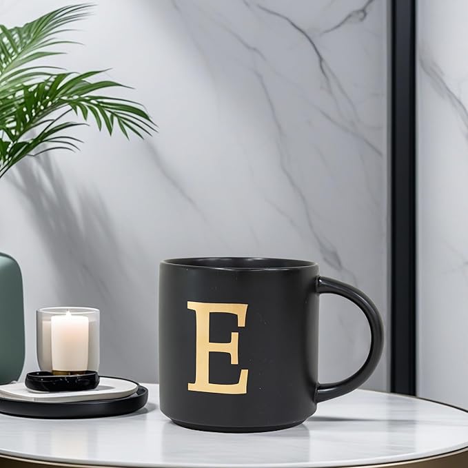 COLLECTIVE HOME - Monogram Ceramic Mugs, 15 oz Golden Initial Black Coffee Cups, Elegant Alphabet Tea Mugs, Elegant Personalized Mug with Gift Box, Unique Mug with Double Side Capital Lette (E)-Ruum Studio Home