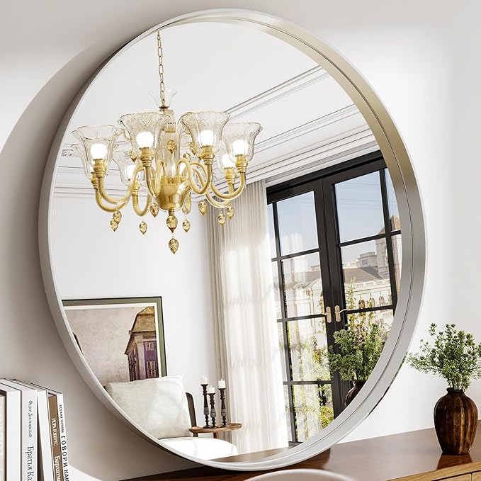 48 Inch Round Bathroom Mirror - Wall Mounted Circle Mirror with Metal Frame, Modern Mirror Suitable for Bathroom, Vanity, Entryway, Living Room, Wall Decor,Silver-Ruum Studio Home