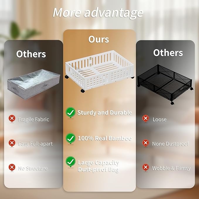 Bamboo Under Bed Storage with Wheels (2-Pack) – Rolling Underbed Shoe Organizer Box for Shoes, Blankets, Toys, Clothes Container Space-Saving Organizer Bins for Bedroom, Closet, Dorm, Nursery-Ruum Studio Home