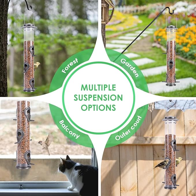 MIXXIDEA 1PK Metal Bird Feeders with 6 Feeding Ports,Tube Bird Feeder with Steel Hanger,Hard Plastic Wild Bird Feeder for Outdoors Hanging, Attracting Birds in Your Lawn, Garden, Balcony-Grey-Ruum Studio Home